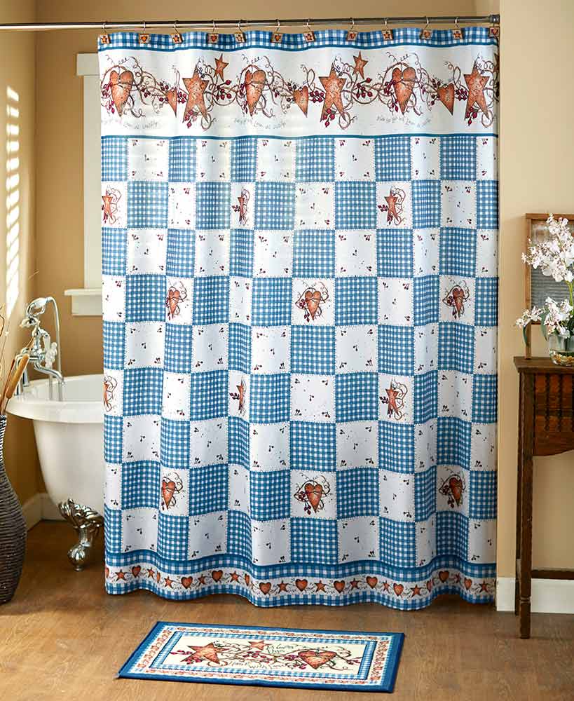 Primitive Decor Blue Hearts and Stars Checkered Shower Curtain