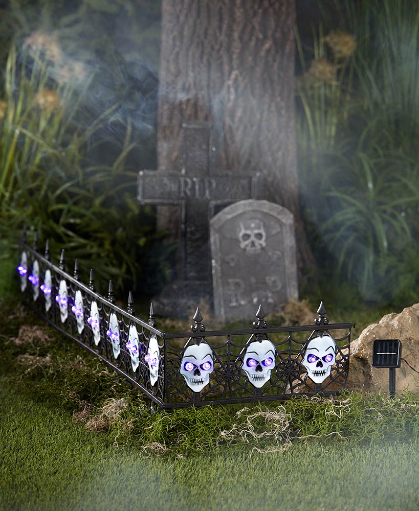 Scary Halloween Decorations - 4-Pc. Solar Lighted Skull Fence